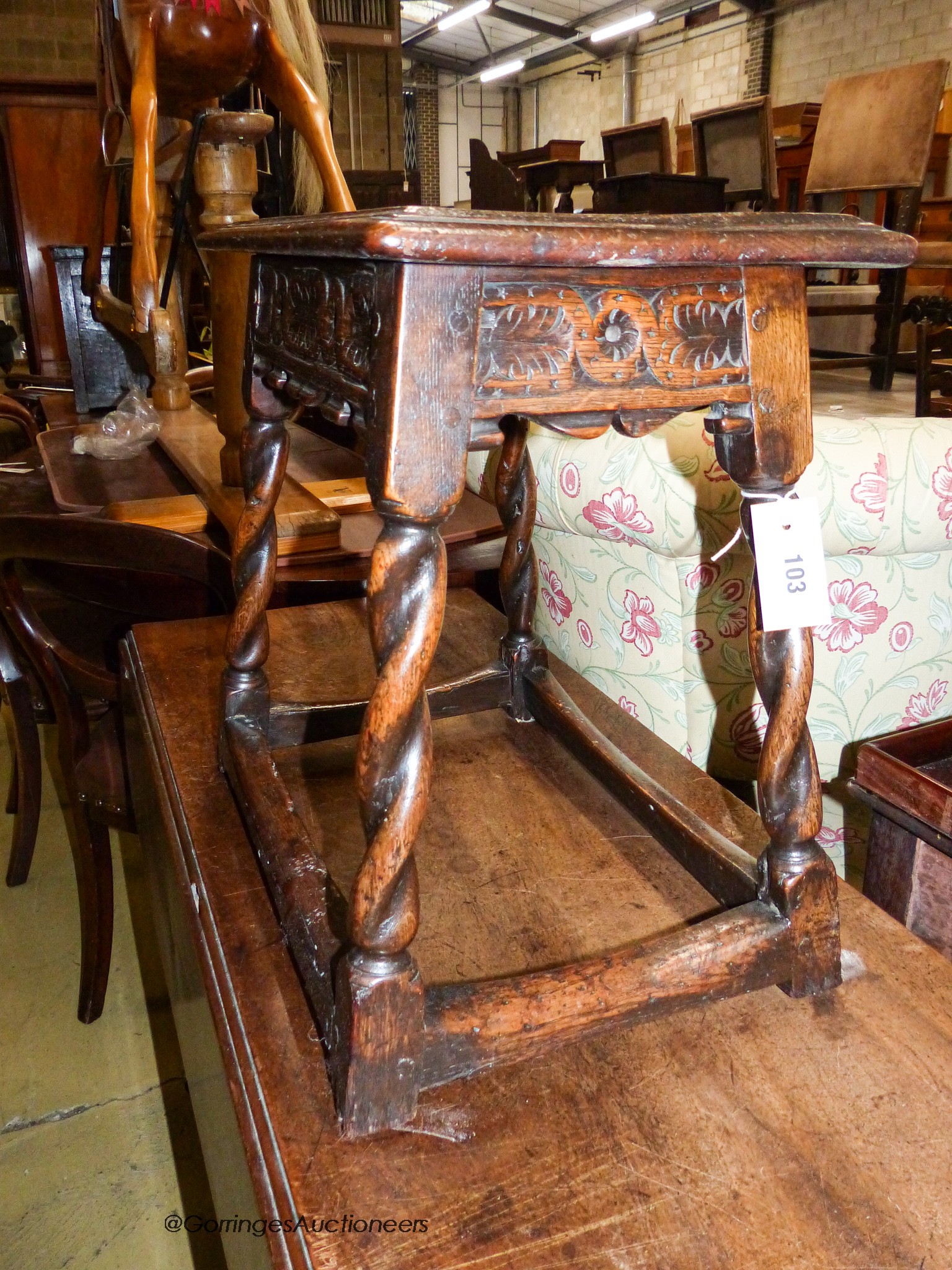 A late 19th / early 20th century oak joint stool on spiral-turned legs, width 46cm, depth 32cm, height 46cm